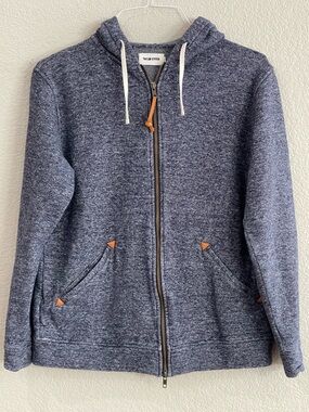 Taylor Stitch Apres Men’s Heather Navy Zip-Up Hoodie with Contrast Leather Tabs